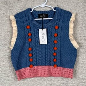 Cider Sweater Vest Girls‎ Small Blue Cream Pink Color Block Knit Ruffle Ruffle